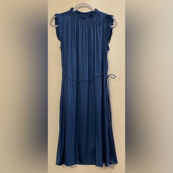 BANANA REPUBLIC Sleeveless Soft Satin Ruffled Dress in Indigo Fog Blue - Picture 2 of 5